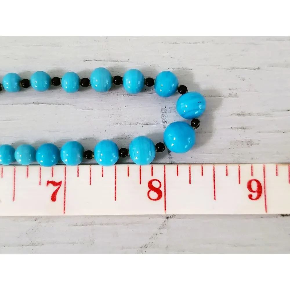 Vintage Czechoslovakia Blue Glass Graduated Bead Necklace with Crystal Box Clasp